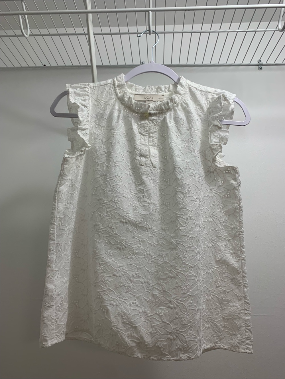 LOFT White Floral Eyelet Ruffle-Sleeve Top